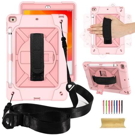 iPad 10.2 Shockproof Case, Dteck Heavy Duty Rugged 3 Layer Full Body Protection Case Kickstand with Shoulder Strap Hand Strap for 10.2" iPad 8th Gen / iPad 7th Gen, Rosegold