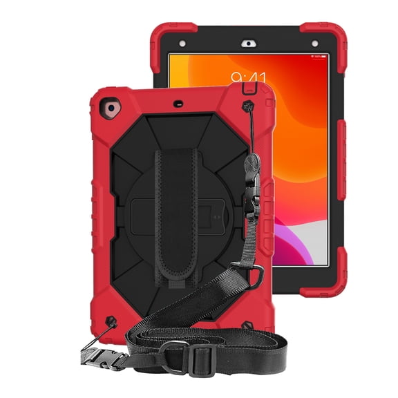 iPad 10.2 Shockproof Case, Dteck Heavy Duty Rugged 3 Layer Full Body Protection Case with Rotatable Hand Strap Kickstand / Shoulder Belt For 10.2" iPad 9th Gen/8th Gen/7th Gen,Red + Black