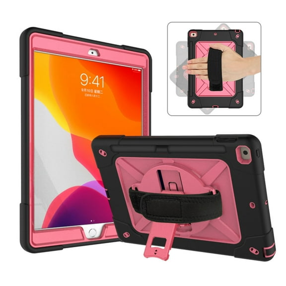 iPad 10.2 Shockproof Case with Screen Protector, Dteck Heavy Duty Rugged 3 Layer Hybrid Rugged Case with Rotatable Hand Strap Kickstand For iPad 10.2" 8th Gen 2020/ iPad 7th Gen 2019, Black/Rose