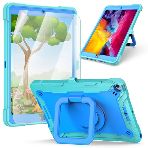 iPad 10.2-inch 2020/2019 Case with Soft Screen Protector, Dteck 3 in 1 Hybrid Rugged Shockproof Handle Kickstand Case with Shoulder Strap for iPad 8th Gen/iPad 7th Gen,Mint+Blue
