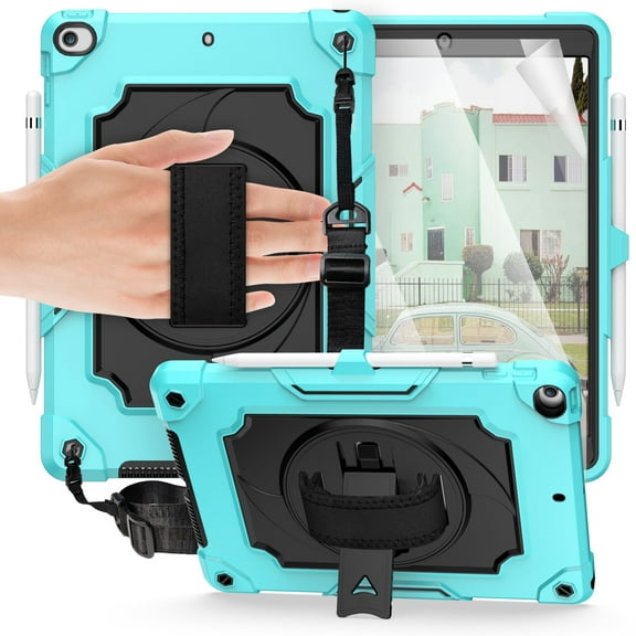 iPad 10.2-inch 2020/2019 Case with Soft Screen Protector, Dteck 3 in 1 Hybrid Rugged Shockproof Kickstand Case with 360 Rotating Hand Strap, Shoulder Strap for iPad 8th Gen/iPad 7th Gen, Mint/Black