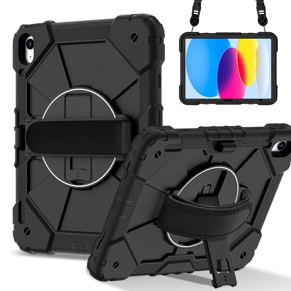 for iPad 10.2 inch 9th Gen 2021/8th Gen 2020/7th Gen 2019 Case, Military Grade Heavy Duty Silicone Protection Cover with Pencil Holder + Rotating Stand + Handle Rugged Cover, Black