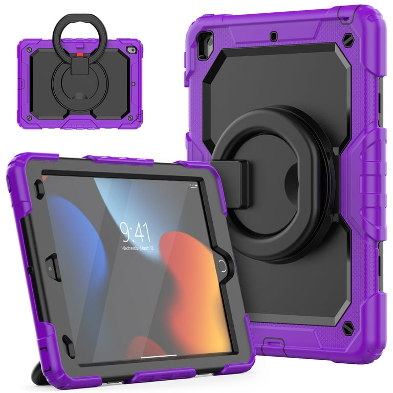 iPad 10.2 inch Case, iPad 9th/8th/7th Gen Case with 360° Ring Holder, Dteck  Heavy Duty 3 in 1 Shockproof Bumper Full Body Drop Protection with Built-in  Screen Protector, Purple+Black 