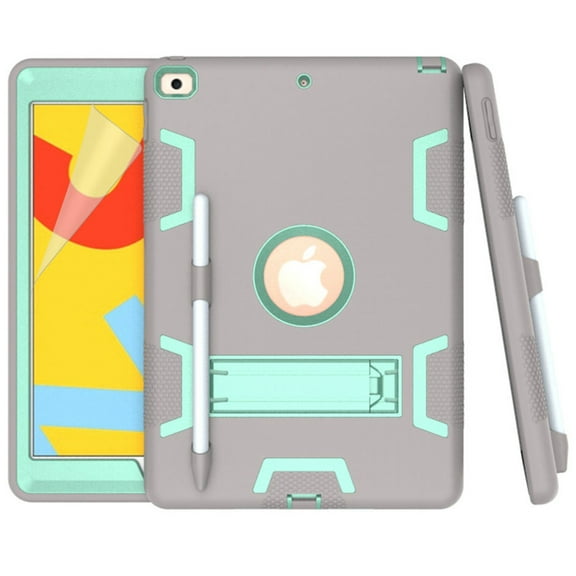iPad 10.2 inch Case with Screen Protector, iPad 8th Generation 2020 Case, iPad 7th Generation 2019 Case, Dteck Full Body Rugged Shockproof Protective Case With Pencil Holder Kickstand Cover, Gray/Mint