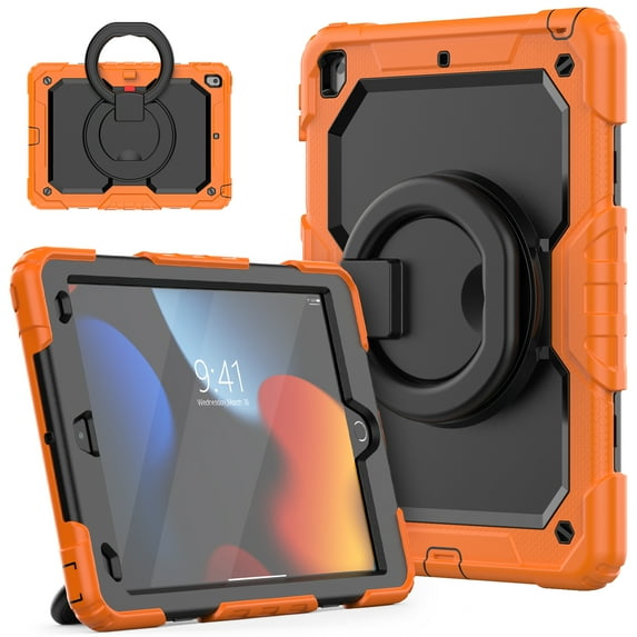 iPad 10.2 inch Case, iPad 9th/8th/7th Gen Case with 360° Ring Holder, Dteck Heavy Duty 3 in 1 Shockproof Bumper Full Body Drop Protection with Built-in Screen Protector, Orange+Black