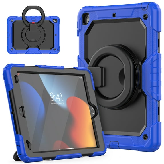 iPad 10.2 inch Case, iPad 9th/8th/7th Gen Case with 360° Ring Holder, Dteck Heavy Duty 3 in 1 Shockproof Bumper Full Body Drop Protection with Built-in Screen Protector, Blue+Black