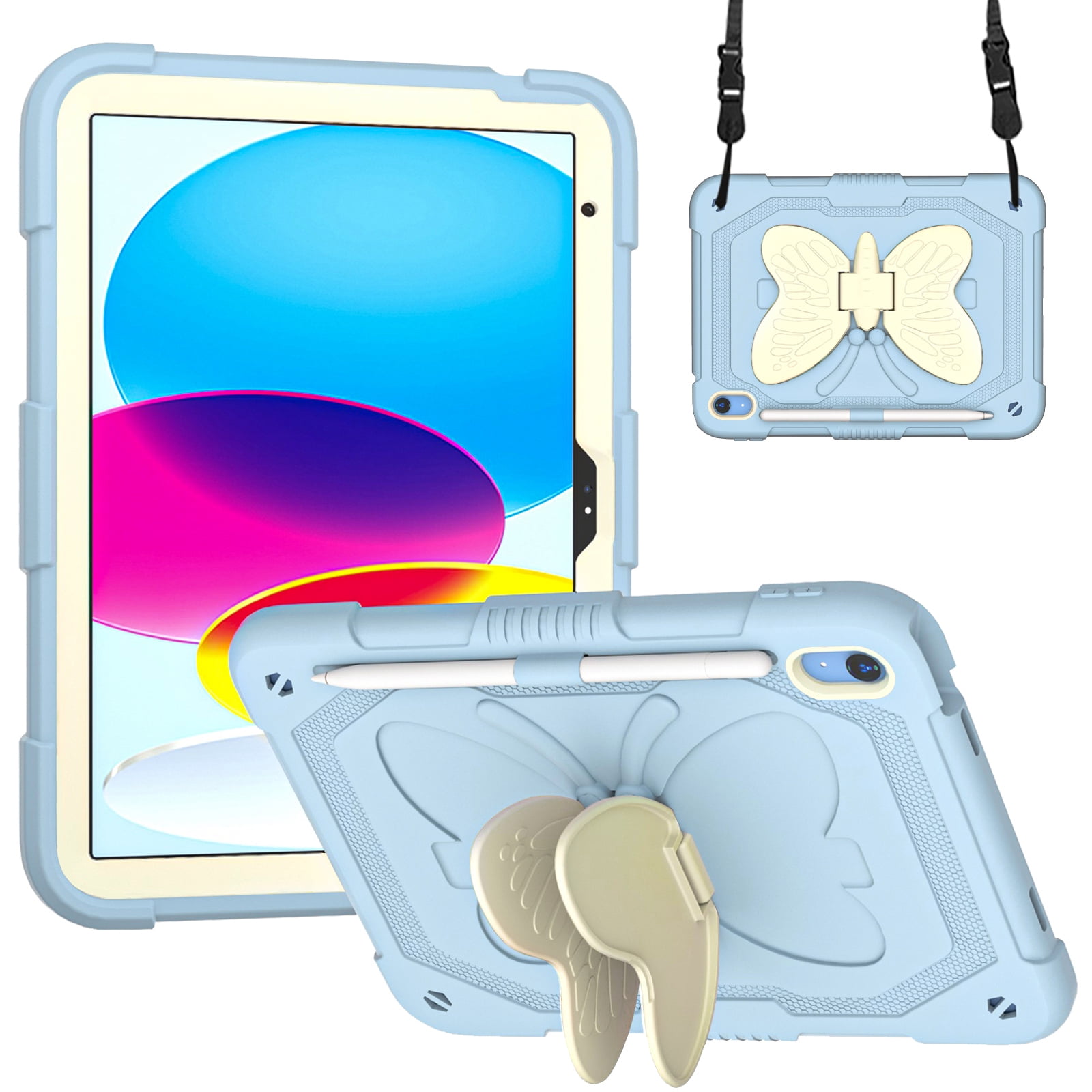 iPad 10 2022 Kid Case iPad 10.9 10th Gen Pretty Butterfly Case, Crossbody Strap EVA Foam Full Cover iPad 10 10.9 Kids case with Stand Pencil Holder Shockproof Rugged Case for Kids, Blue+Beige