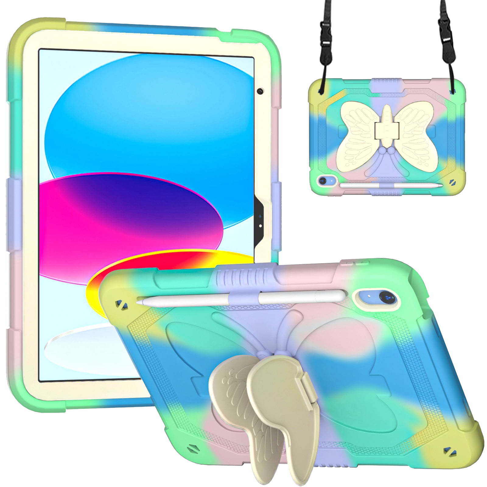 iPad 10 2022 Kid Case iPad 10.9 10th Gen Pretty Butterfly Case, Crossbody Strap EVA Foam Full Cover iPad 10 10.9 Kids case with Stand Pencil Holder Shockproof Rugged Case for Kids, Colorful/Green