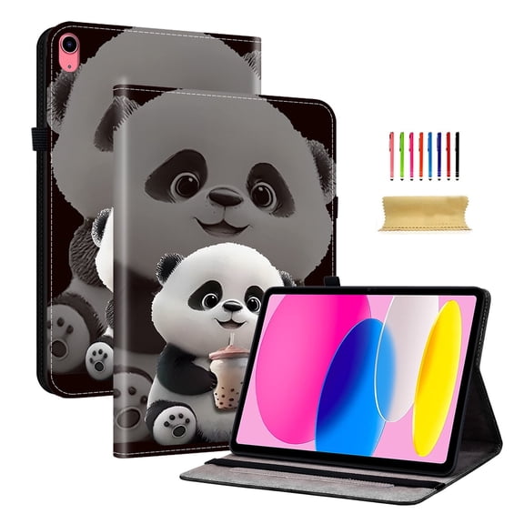 For iPad 10.9" (10th Gen), iPad 11" (A16) Folio Flip Case with Stand/Card Slots/Elastic Band Closure/Pen Loop Holder, Stylish Cute PU Leather Protective Lightweight Cover (B_Panda)