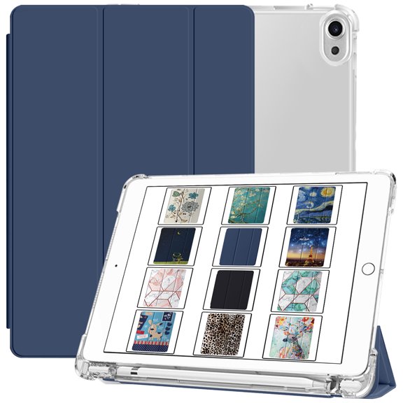 iPad Air 5th 4th 6th 11th [ Air 11 / 6 2024 / 5 2022 / 4 2020 ] A2588 A2316 MYFQ2LL/A MYFN2LL/A MYFQ2LL/A Printed Printed TPU Transparent Cover with Pencil Holder - Navy Blue