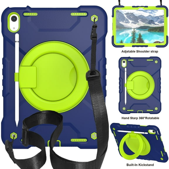 iPad 10.9 inch Case 2022, Allytech 360 Degree Rotatable Kickstand Pencil Holder Protective Case with Adjustable Detachable Shoulder Strap Kids-Friendly Case for iPad 10th Gen 2022, Navyblue+ Green