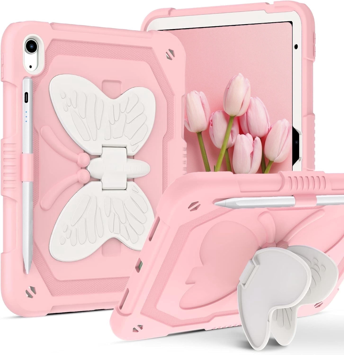 for iPad 10th/11th Generation 2022/2025(A16) Case with Butterfly Kickstand Wings Heavy Duty for iPad 10th Case 10.9'' Pencil Holder Shockproof Protective Cover Kids Girls for iPad 11th 11''，Pink