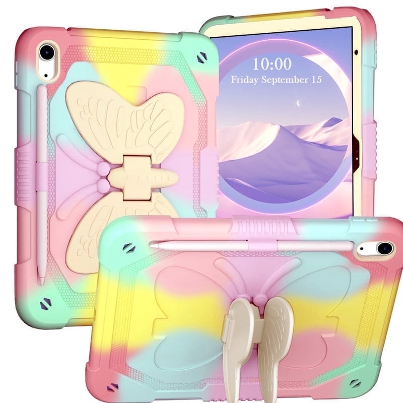for iPad 10th/11th Generation 2022/2025(A16) Case with Butterfly Kickstand Wings Heavy Duty for iPad 10th Case 10.9'' Pencil Holder Shockproof Protective Cover Kids Girls for iPad 11th 11''，Colorful