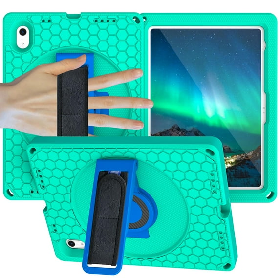 for iPad 10th Case, iPad 10th Gen 10.9" Kids Case with 360 Rotating Kickstand Hand Strap, Removable Shoulder Strap, Rugged Shockproof Heavy Duty Protection Case for iPad 10.9 inch 2022,Green