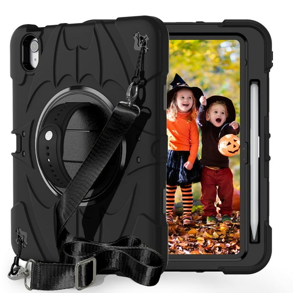 For iPad 10th Gen 10.9"(2022) Case,Kids Friendly,With Rotatable Adjustable Hand Strap,Retractable Kickstand,Shoulder Strap,Shockproof Anti-fall Rugged Heavy Duty Tablet Case Cover,Black