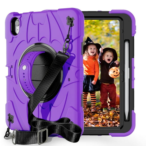 For iPad 10th Gen 10.9"(2022) Case,Kids Friendly,With Rotatable Adjustable Hand Strap,Retractable Kickstand,Shoulder Strap,Shockproof Anti-fall Rugged Heavy Duty Tablet Case Cover,Purple