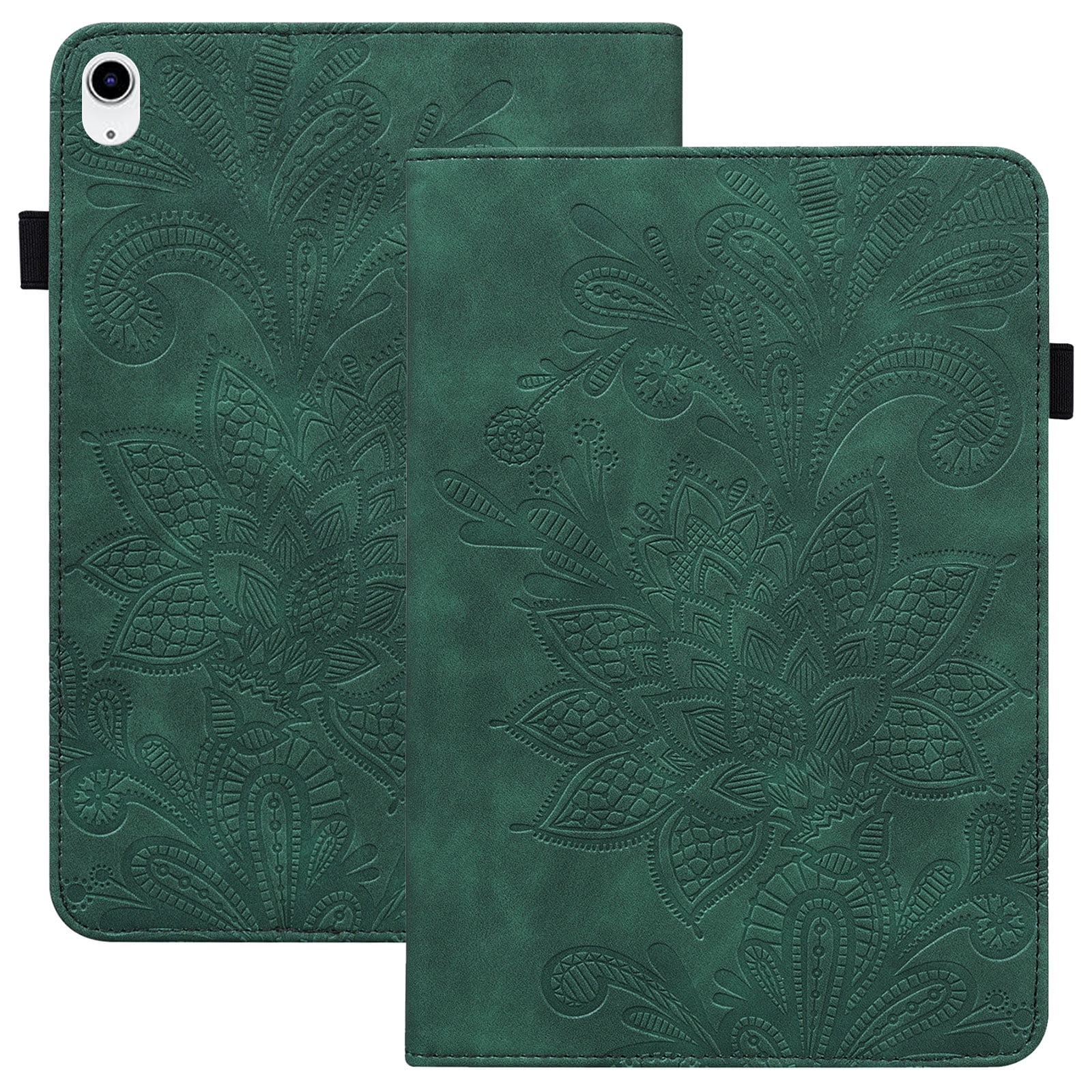 for iPad (A16) 11th Generation 2025 Case with Pencil Holder, Premium PU Leather Folio Multi-angle Stand Pocket Strap Lightweight Embossed Flower Case for iPad 10.9" 10th Gen 2022, Green