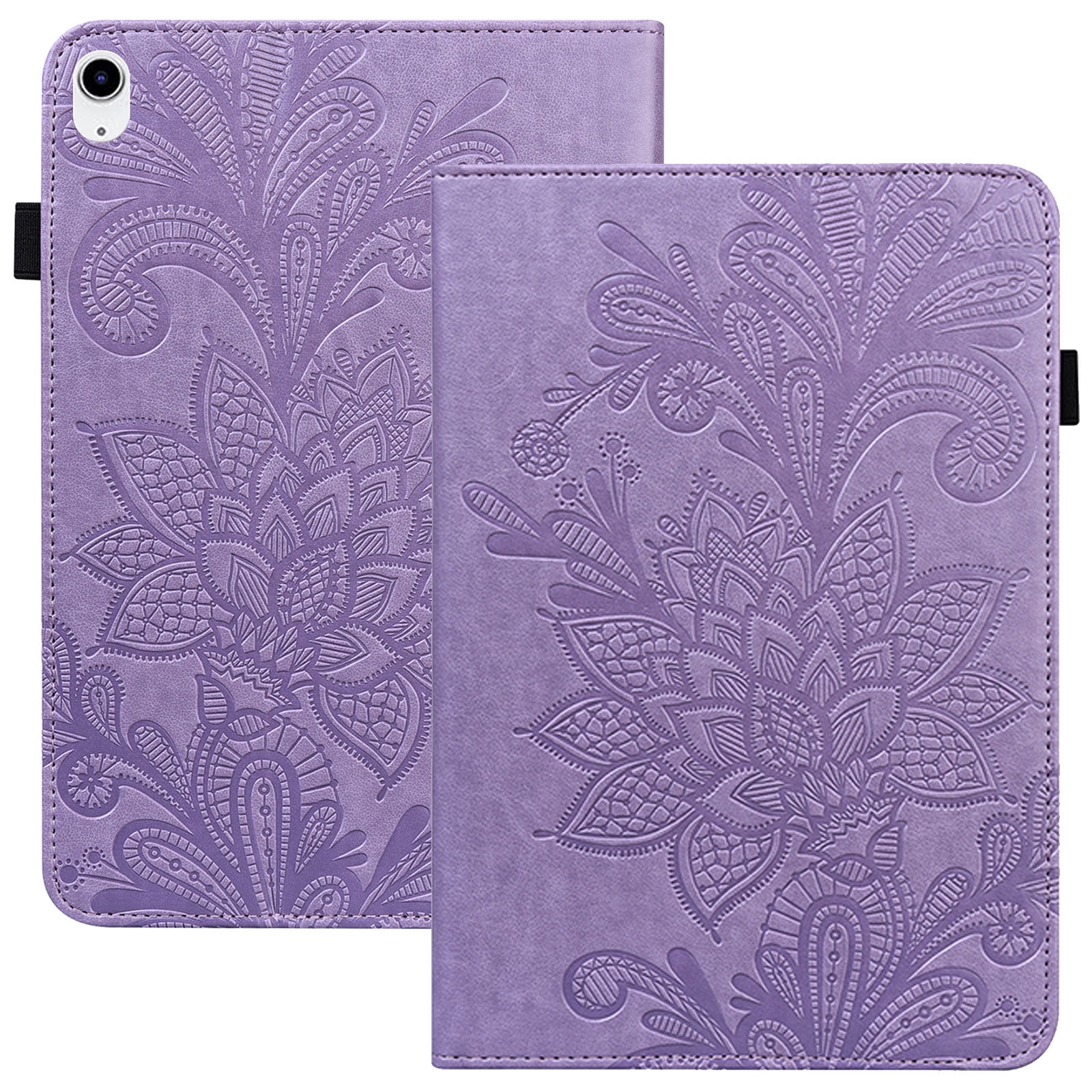 for iPad (A16) 11th Generation 2025 Case with Pencil Holder, Premium PU Leather Folio Multi-angle Stand Pocket Strap Lightweight Embossed Flower Case for iPad 10.9" 10th Gen 2022, Purple