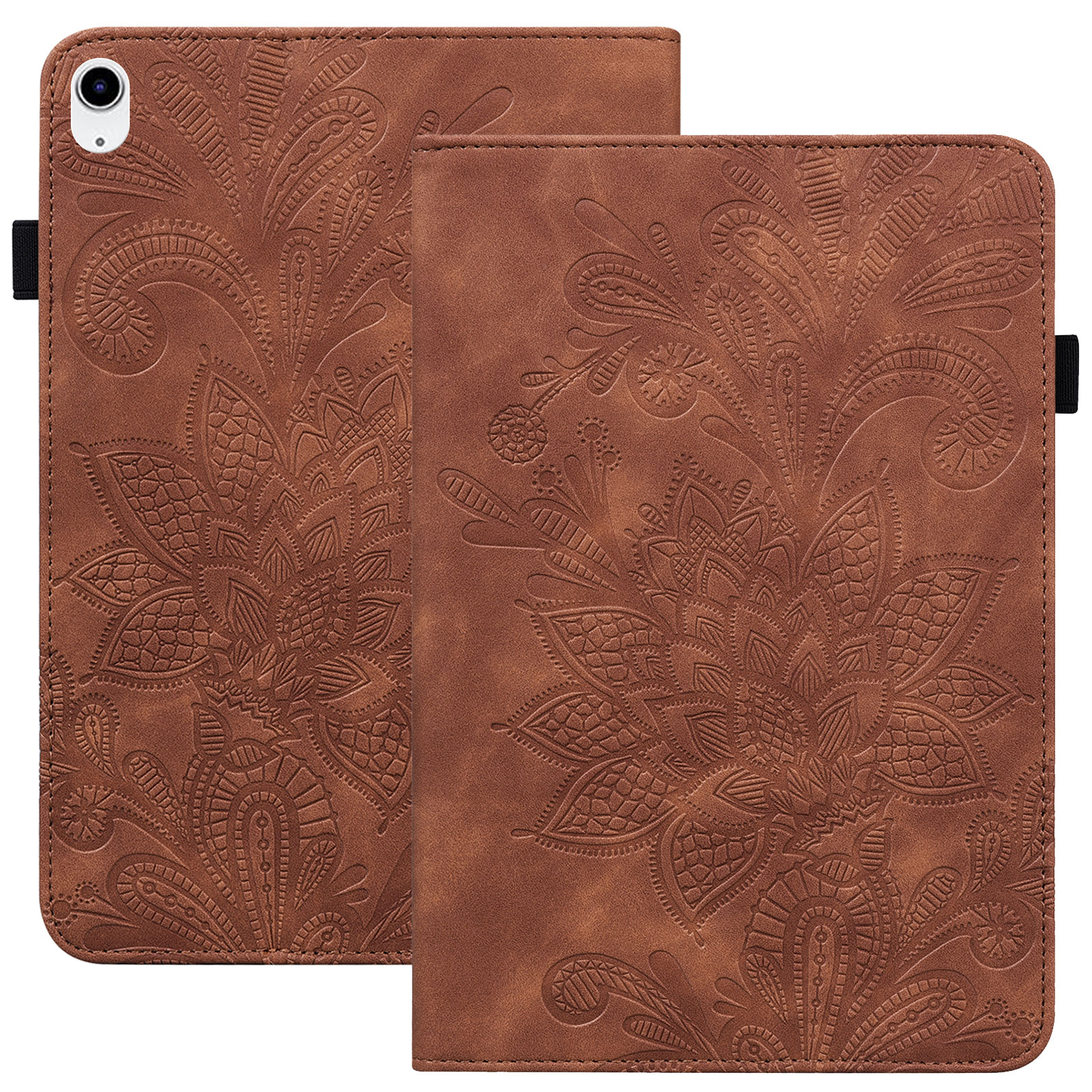 for iPad (A16) 11th Generation 2025 Case with Pencil Holder, Premium PU Leather Folio Multi-angle Stand Pocket Strap Lightweight Embossed Flower Case for iPad 10.9" 10th Gen 2022, Brown
