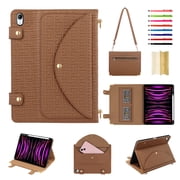 for iPad 10th Gen 10.9 2022 Case, Protective Folio Case with Card Slots & Zipper Pocket & Pencil Holder, Built-in Stand Wallet Function, PU Leather Portable Crossbody Strap Cover, Brown