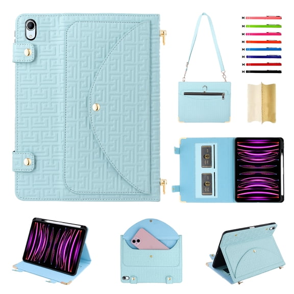 for iPad 10th Gen 10.9" 2022 Case, Protective Folio Case with Card Slots & Zipper Pocket & Pencil Holder, Built-in Stand Wallet Function, PU Leather Portable Crossbody Strap Cover, Blue