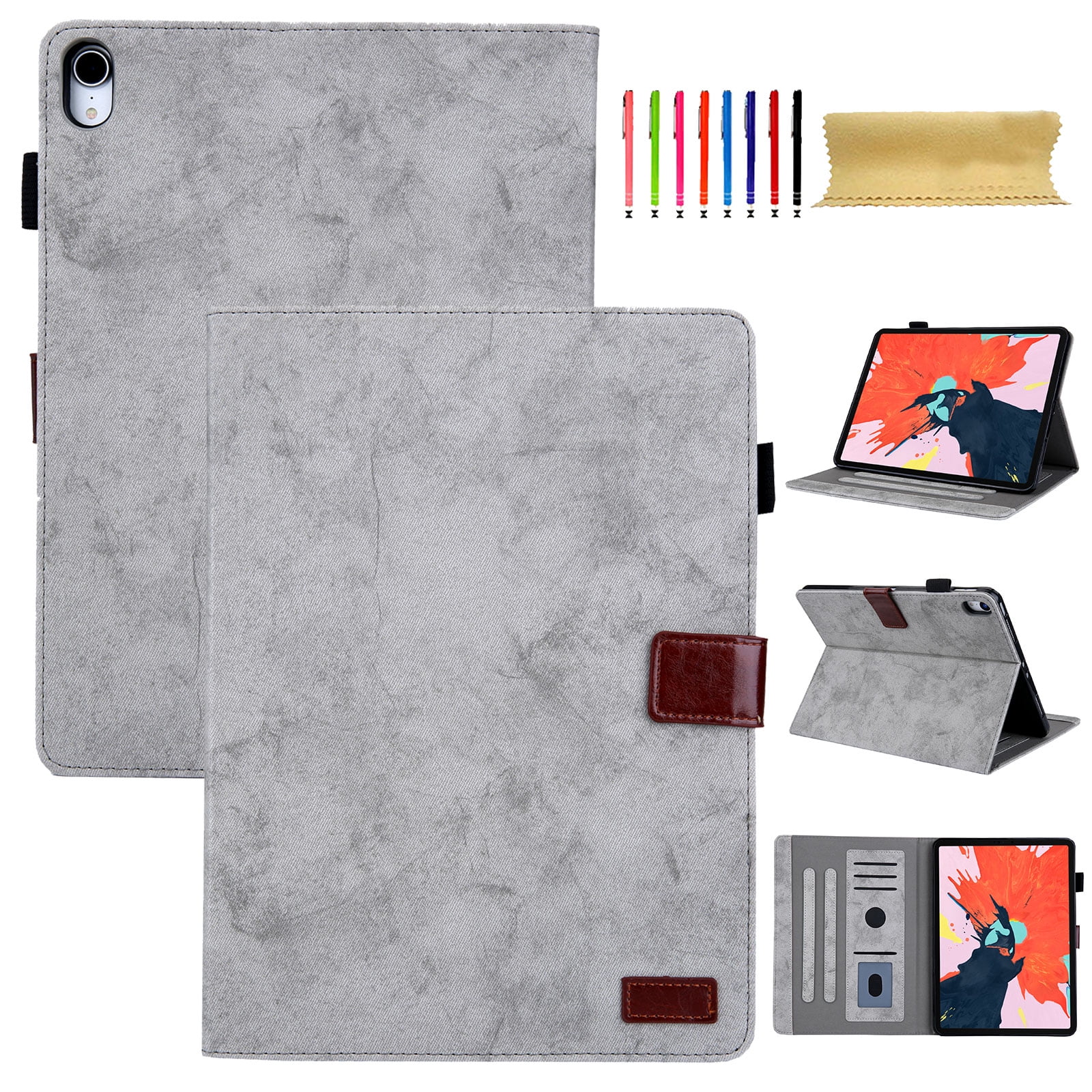 for iPad 10th Gen 10.9" (2022) Case, Retro Card Slot Cover with Pencil Holder, Multi-Angle Viewing Stand, Pocket Design, Folio Leather Case for Apple iPad 10th Gen 10.9" - Gray