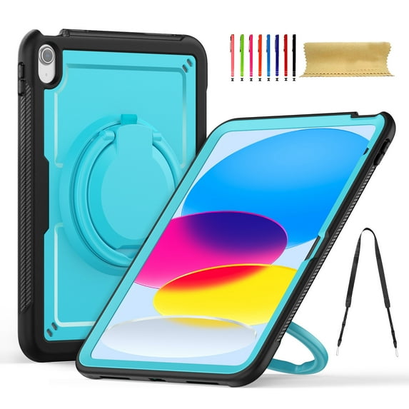 for iPad 10th Gen 10.9" 2022 Case, Shockproof Rugged Protective Case with 360°/180° Rotating Handle Grip Stand & Adjustable Shoulder Strap & Pencil Holder for iPad 10th Generation - Lightblue