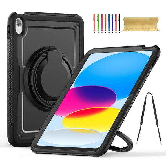 for iPad (A16) 11th Gen 2025 Case, Shockproof Rugged Protective Case with 360°/180° Rotating Handle Grip Stand & Adjustable Shoulder Strap & Pencil Holder for iPad 10th Gen 10.9" 2022 - Black