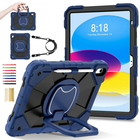 for iPad 10th Gen 10.9" 2022 with Pencil Holder/360° Rotating Kickstand/Grip Handle/Shoulder Strap Kids Girls Heavy Duty Protective 3-Layers Cover for iPad 10th Generation, Darkblue+Black