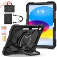 thumbnail image 1 of for iPad 10th Gen 10.9" 2022 with Pencil Holder/360° Rotating Kickstand/Grip Handle/Shoulder Strap Kids Girls Heavy Duty Protective 3-Layers Cover for iPad 10th Generation, Black+Black, 1 of 8