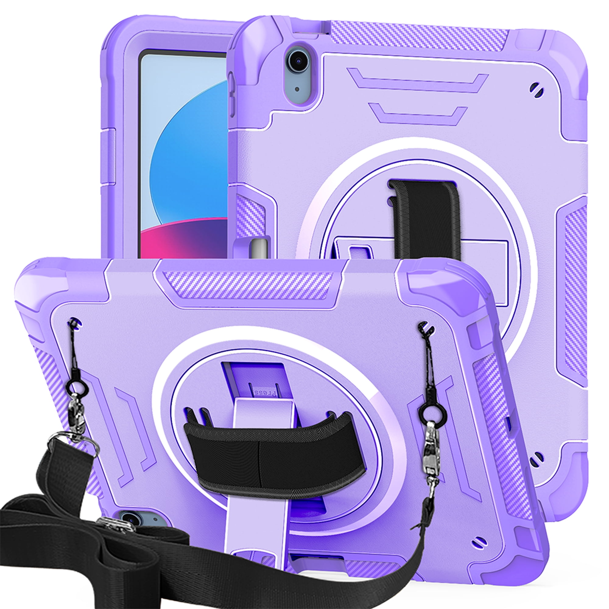 for iPad (A16) 11th Gen 2025, Rugged Shockproof Case for iPad 10th Gen 2022 with Pencil Holder, 360 Rotating Hand Strap & Stand, Shoulder Strap, TPU PC 3 Layers Multi-Functional Cover - Purple