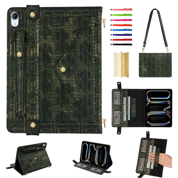 for iPad 10th Gen 10.9 Inch 2022 Case, Handbag Design PU Leather Stand Cover with Elastic Hand Strap and Detachable Adjustable Shoulder Strap, Pencil Holder, Document Card Pocket, Green