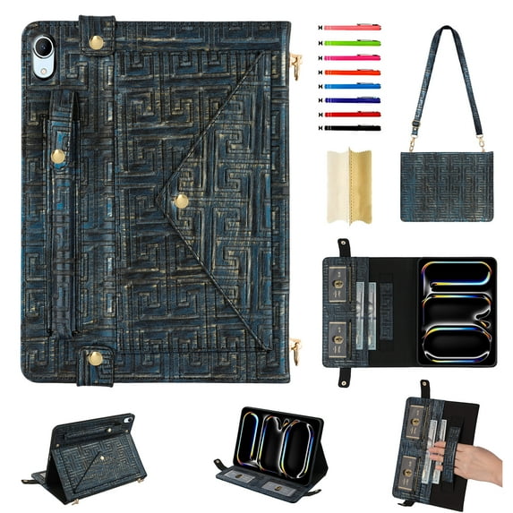 for iPad 10th Gen 10.9 Inch 2022 Case, Handbag Design PU Leather Stand Cover with Elastic Hand Strap and Detachable Adjustable Shoulder Strap, Pencil Holder, Document Card Pocket, Blue