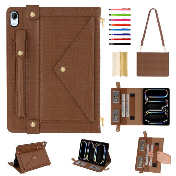 for iPad 10th Gen 10.9 Inch 2022 Case, Handbag Design PU Leather Stand Cover with Elastic Hand Strap and Detachable Adjustable Shoulder Strap, Pencil Holder, Document Card Pocket, Brown