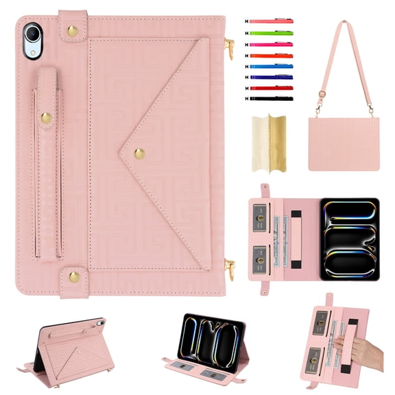 for iPad 10th Gen 10.9 Inch 2022 Case, Handbag Design PU Leather Stand Cover with Elastic Hand Strap and Detachable Adjustable Shoulder Strap, Pencil Holder, Document Card Pocket, Pink