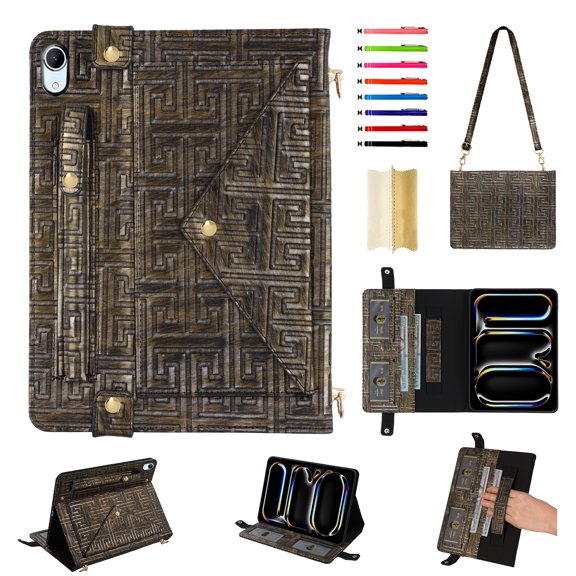 for iPad 10th Gen 10.9 Inch 2022 Case, Handbag Design PU Leather Stand Cover with Elastic Hand Strap and Detachable Adjustable Shoulder Strap, Pencil Holder, Document Card Pocket, Silvergold