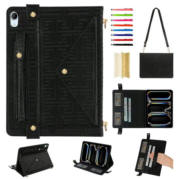 for iPad 10th Gen 10.9 Inch 2022 Case, Handbag Design PU Leather Stand Cover with Elastic Hand Strap and Detachable Adjustable Shoulder Strap, Pencil Holder, Document Card Pocket, Black