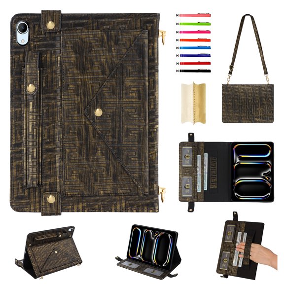 for iPad 10th Gen 10.9 Inch 2022 Case, Handbag Design PU Leather Stand Cover with Elastic Hand Strap and Detachable Adjustable Shoulder Strap, Pencil Holder, Document Card Pocket, Blackgold