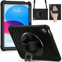 for iPad 10th Gen 10.9 Inch 2022 Kids Case with [Rotating Hand Strap & Adjustable Stand] [Shoulder Strap] Rugged Shockproof Heavy Duty Silicone PC Case for iPad 10th Generation, Black