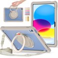 thumbnail image 1 of for iPad 10th Gen 2022 / iPad (A16) 11th Gen 2025 Case, TPU Hybrid Shockproof Protective PC Clear Back Case Cover with Pencil Holder / 360° Swivel Stand / Shoulder Strap for Kids - Khaki, 1 of 16