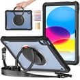 thumbnail image 1 of for iPad 10th Gen 2022 / iPad (A16) 11th Gen 2025 Case, TPU Hybrid Shockproof Protective PC Clear Back Case Cover with Pencil Holder / 360° Swivel Stand / Shoulder Strap for Kids - Black, 1 of 15