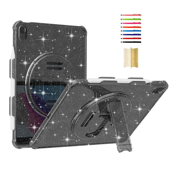 for iPad 10th Generation 10.9" 2022 A2757/A2777/A2696 Case with Pencil Holder Sparkle Glitter 360 Rotating Kickstand Hand Strap Lightweight Anti-Scratch Clear Cover, Glitter Black