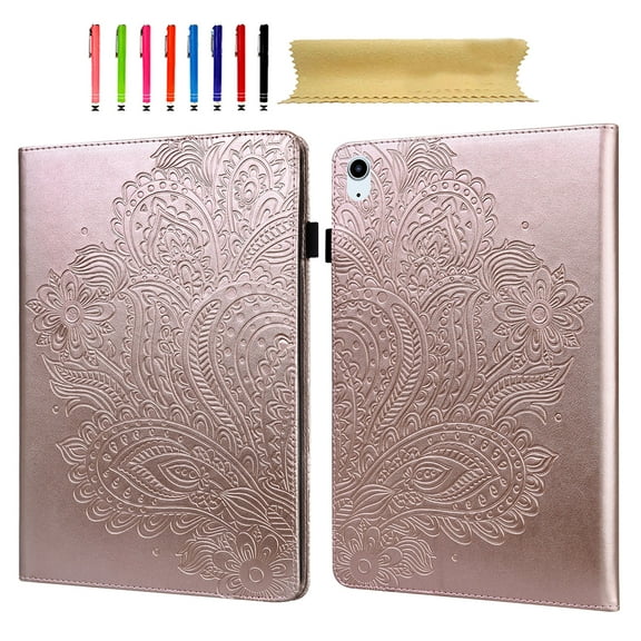 for iPad (A16) 11th Generation 2025 Case - Shockproof Light Weight Protective Embossed Floral PU Leather with Pen Slot & Kickstand & Card Slots Case Cover for iPad 10th Gen 10.9 lnch 2022, Rosegold