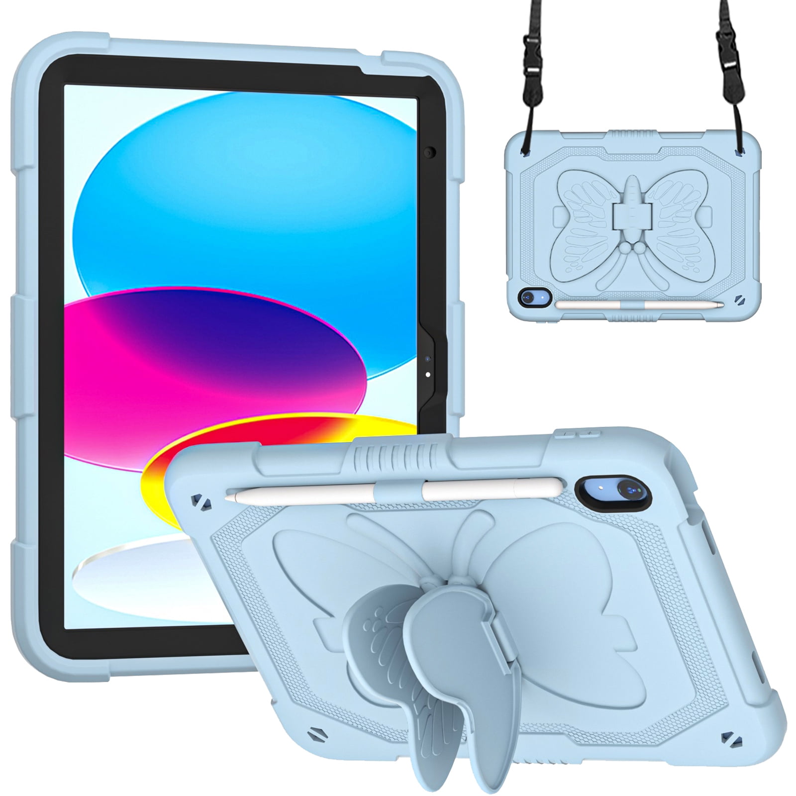 iPad 10th Generation 10.9 Inch 2022 Case with Kickstand Butterfly Wings Pencil Holder, TECH CIRCLE Heavy Duty Hard Rugged Protective Kids Girls Cover for iPad 10th Gen 10.9 Inch 2022,Blue