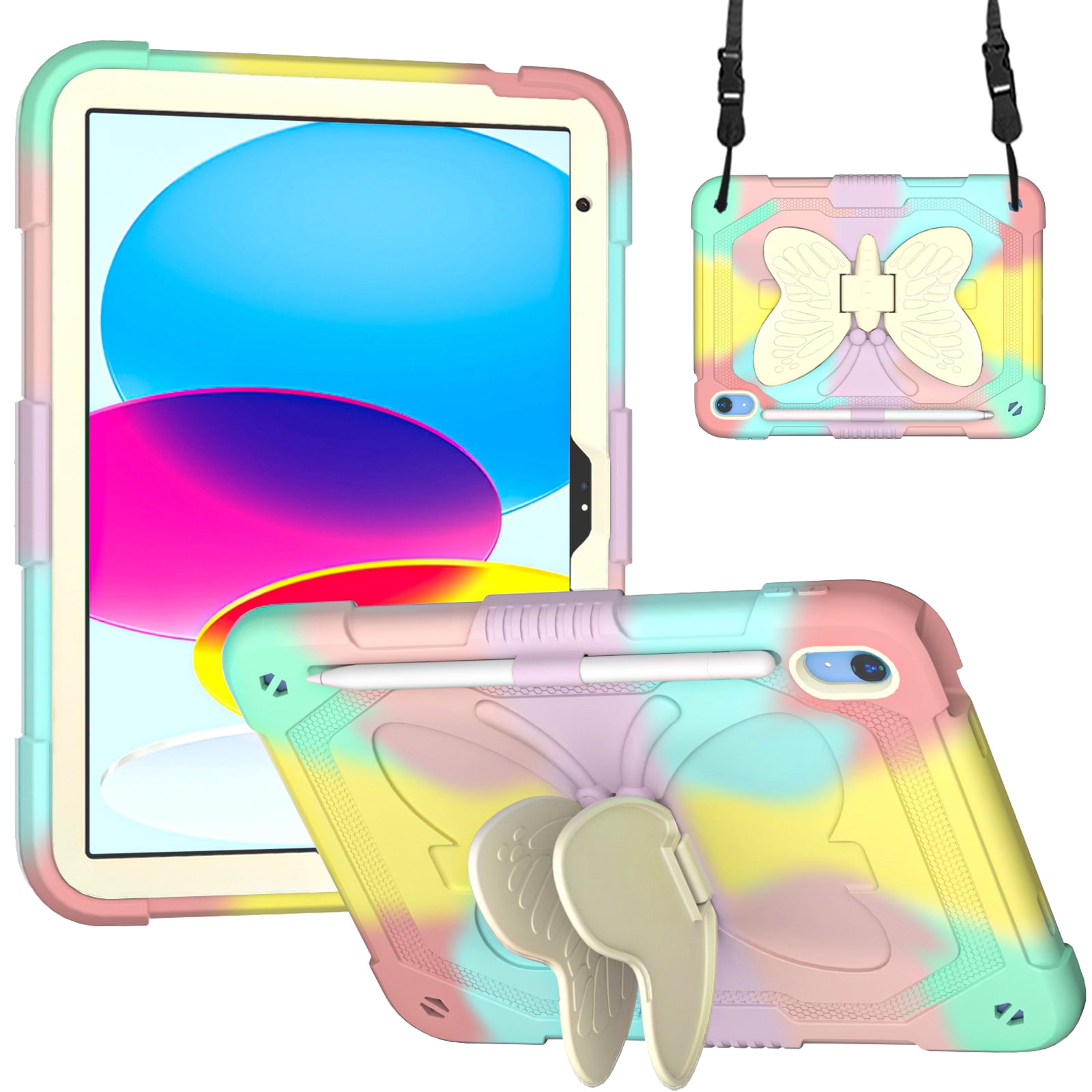 iPad 10th Generation 10.9 Inch 2022 Case with Kickstand Butterfly Wings Pencil Holder, TECH CIRCLE Heavy Duty Hard Rugged Protective Kids Girls Cover for iPad 10th Gen 10.9 Inch 2022,Colorful/Rosegold