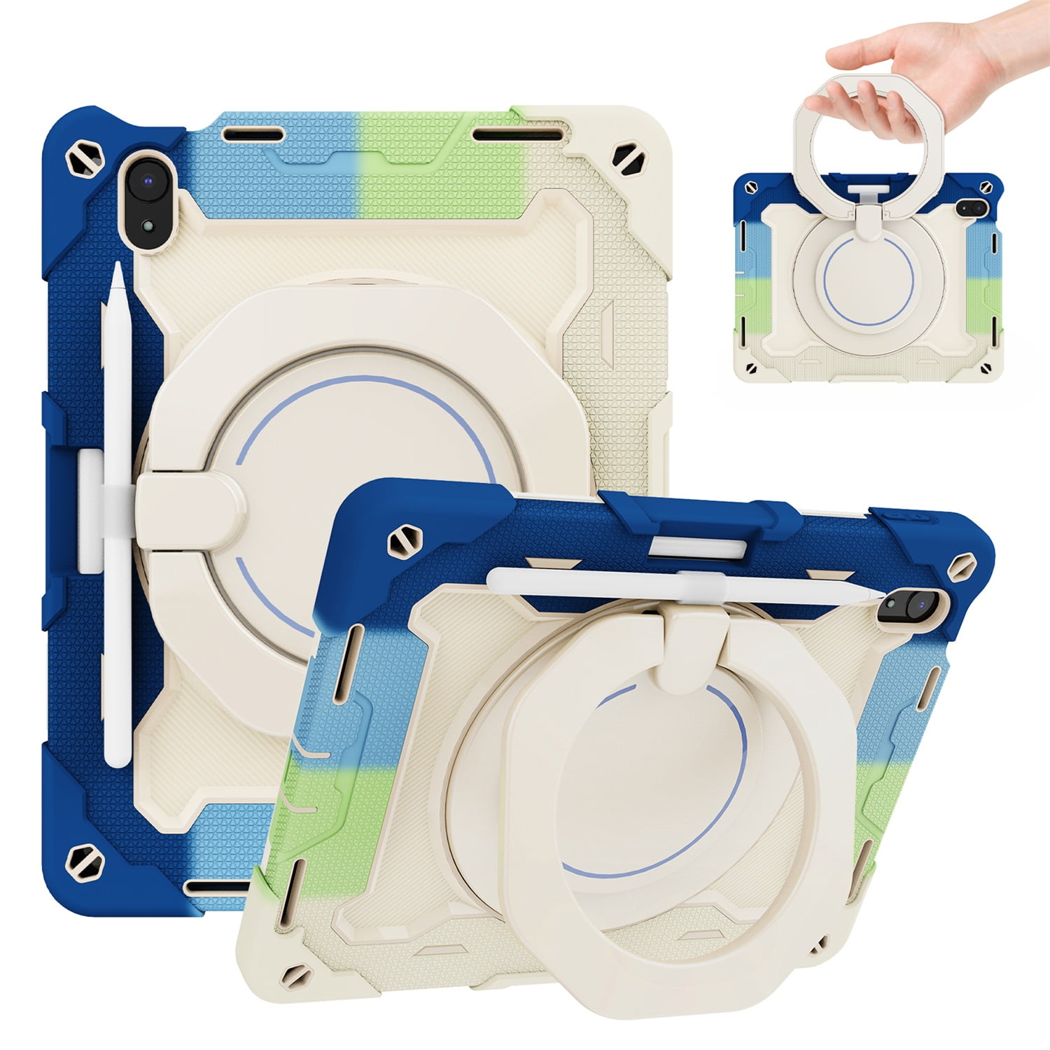 iPad 10th Generation 10.9 Inch Case 2022, TECH CIRCLE Heavy Duty Shockproof Rugged Protective Rotating Stand Case with Pencil Holder Handle Grip Kids Case for Apple iPad iPad 10th Gen 2022,Rainbowblue