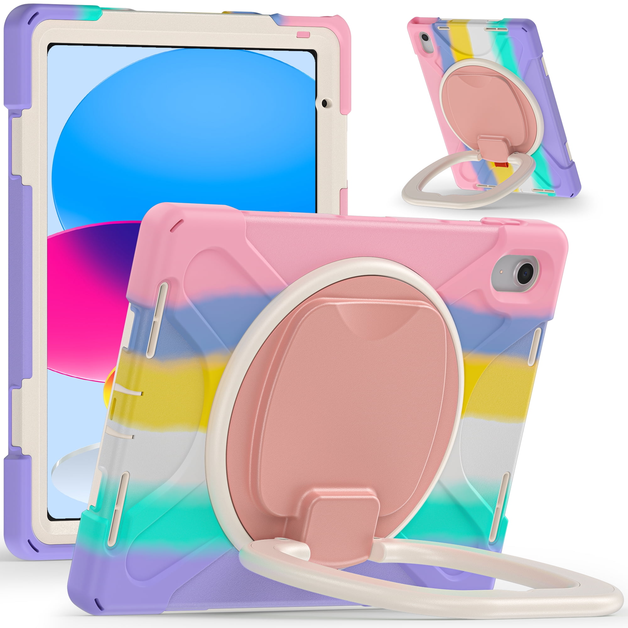 iPad 10th Generation 10.9 Inch Case 2022,TECH CIRCLE Heavy Duty Shockproof Rugged Protective Rotating Stand Case w/ Pencil Holder Handle Grip Kids Case for Apple iPad iPad 10th Gen 2022,Colorful Pink
