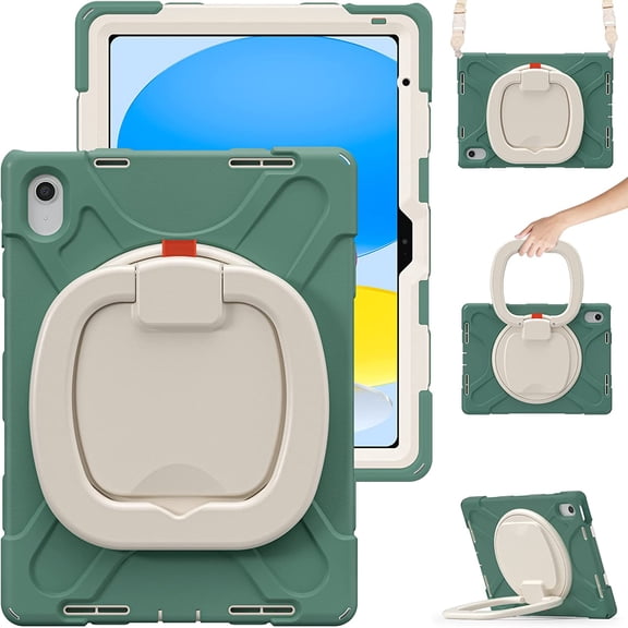 iPad 10th Generation 2022 Case 360°Rotatable Stand with Shoulder Strap Handle Pencil Holder Heavy Duty Shockproof Silicone Protective Case for iPad 10