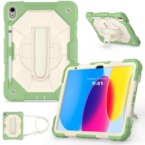 iPad 10th Generation Case 10.9 Inch,TECH CIRCL Shockproof Rugged Drop Protection Cover with 360° Rotatable Kickstand & Shoulder Strap & Pencil Holder for 10.9" iPad Case 2022 Released,Green+Beige