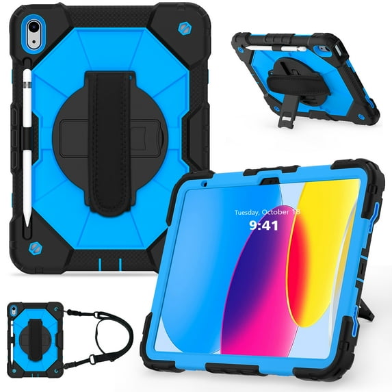 iPad 10th Generation Case 10.9 Inch,TECH CIRCL Shockproof Rugged Drop Protection Cover with 360° Rotatable Kickstand & Shoulder Strap & Pencil Holder for 10.9" iPad Case 2022 Released,Black+Blue